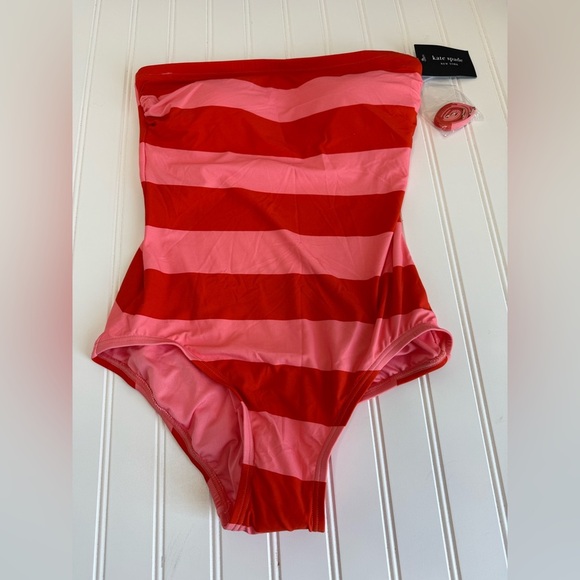 KATE SPADE FRESH TOMATO STRIPE ONE PIECE BANDEAU SWIMSUIT Small NEW 973 - Picture 1 of 4